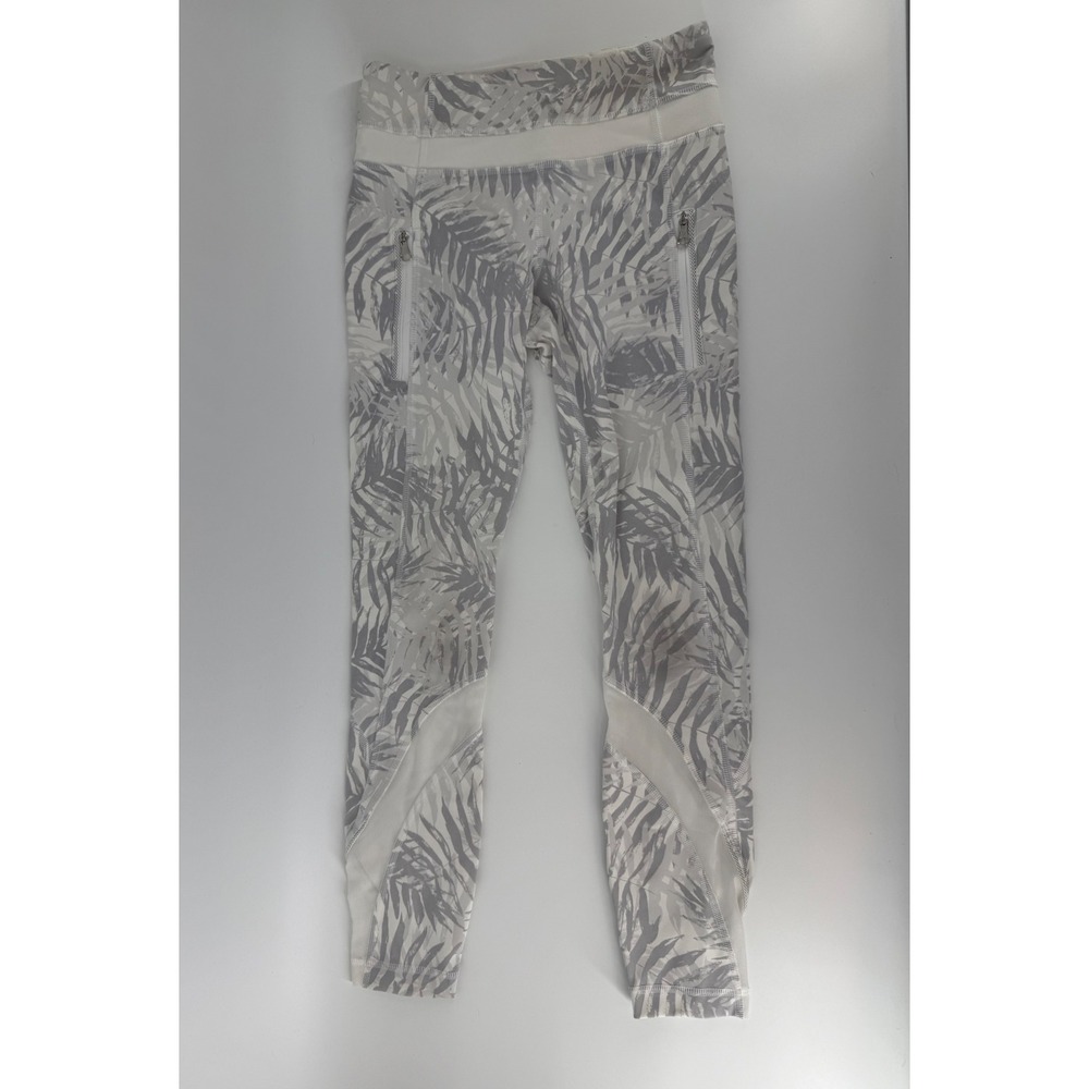 Lululemon Grey White Palm Print Mesh Panel Leggings Size 2 Yoga Training